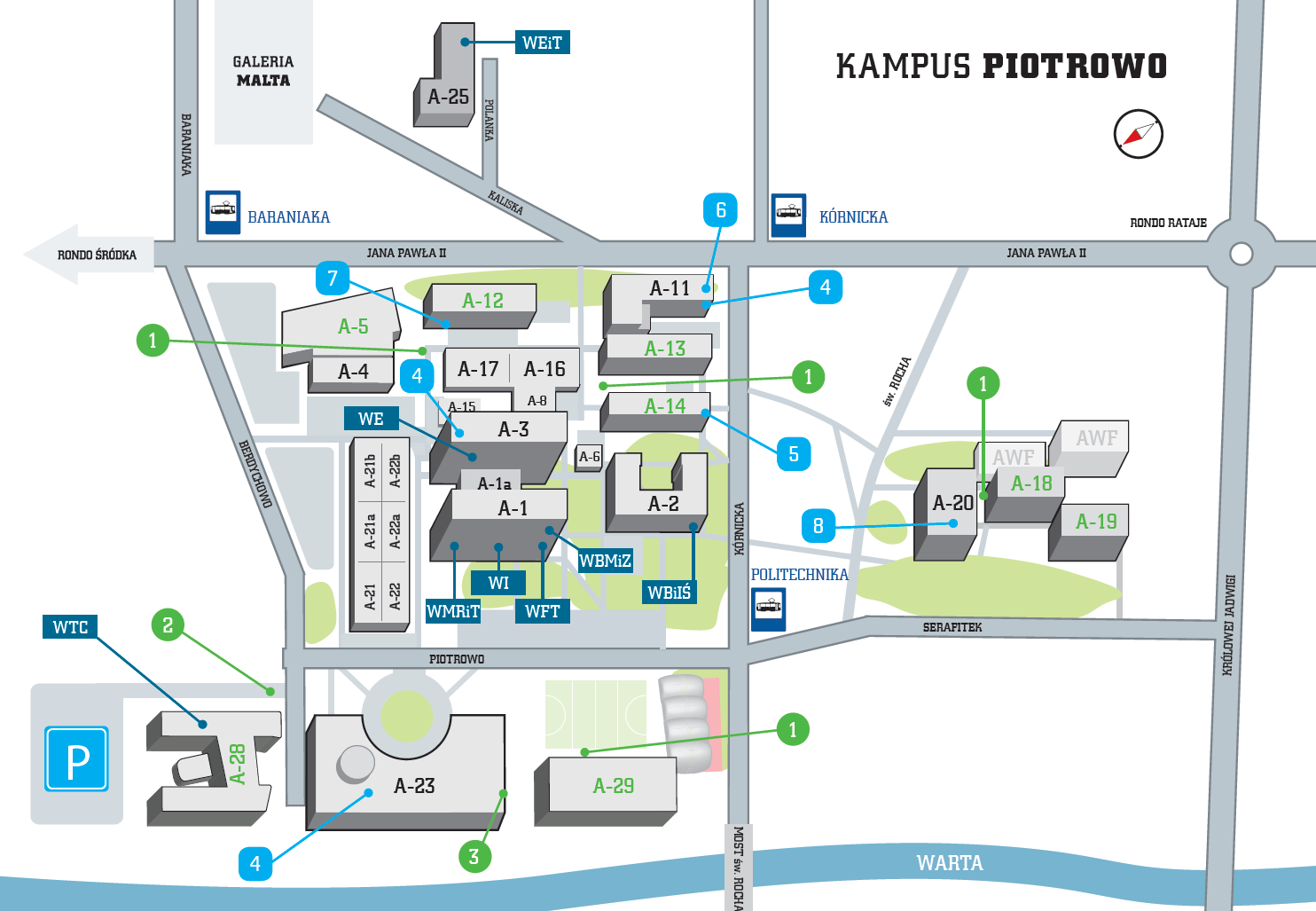 Mapa Kampusu Piotrowo - numeracja budynków