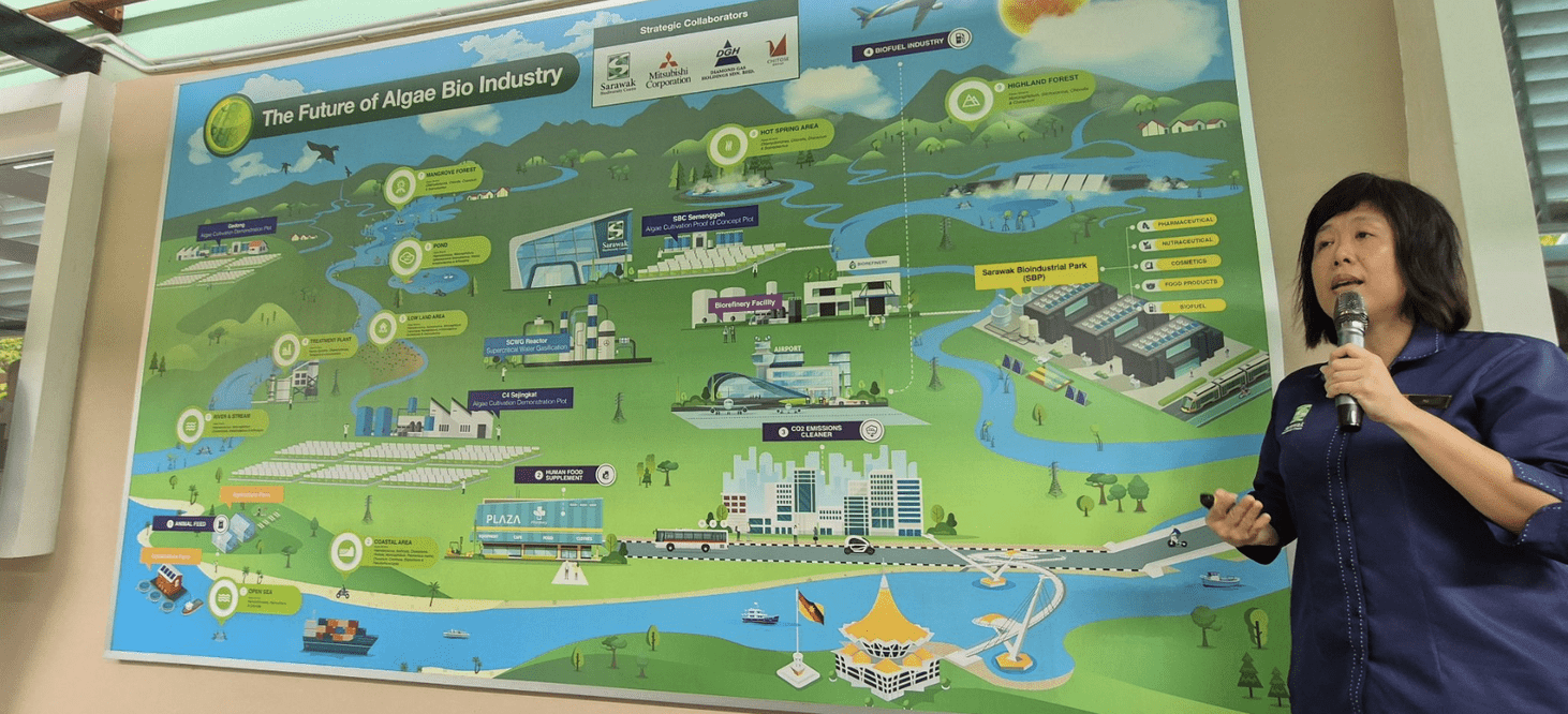 Prelekcja lokalnej ekspertki omawiającej wielki, zielony schemat infograficzny przedstawiający przyszłość przemysłu opartego na bio-algach („The Future of Algae Bio Industry”).