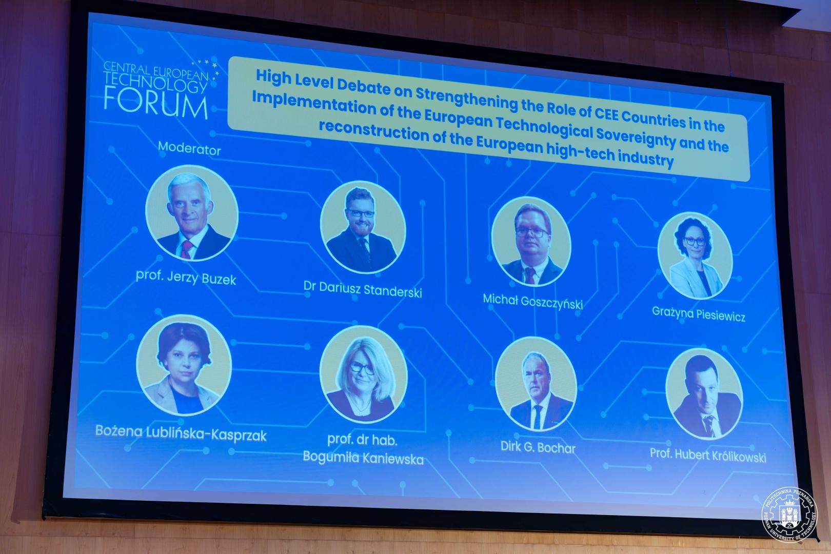 Grafika z tytułem debaty: "High Level Debate on Strengthening the Role of CEE Countries in the Implementation of the European Technological Sovereignty" oraz zdjęciami i nazwiskami ośmiu prelegentów w dwóch rzędach.