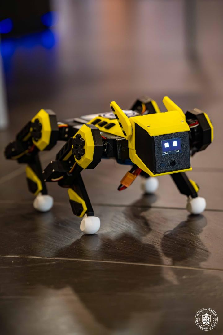 Żółto-czarny czworonożny robot przypominający psa, ze świecącym cyfrowym wyświetlaczem imitującym oczy.