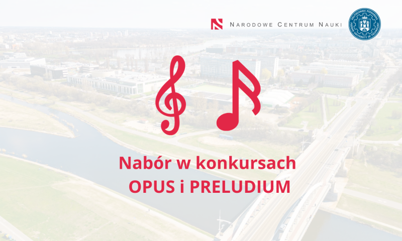 logo NCN, logo PP, znak OPUS, znak PRELUDIUM, w tle kampus PP