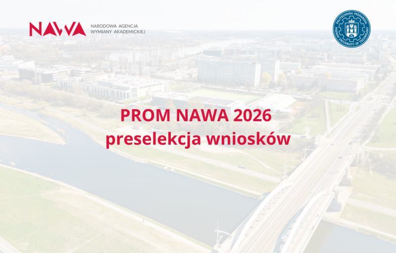 logo PP, logo NAWA, info o preselekcji wniosków PROM, w tle kampus PP