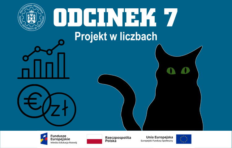 Czarny kot siedzi i patrzy, obok symbol waluty oraz schemat, powyżej jest tytuł siódmego odcinka: "Projekt w liczbach”.