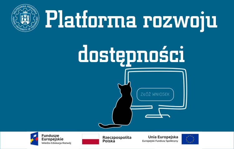 Czarny kot siedzi przed monitorem, na którym jest napis: Złóż wniosek, oraz tytuł ósmego odcinka: "Platforma rozwoju dostępności”.