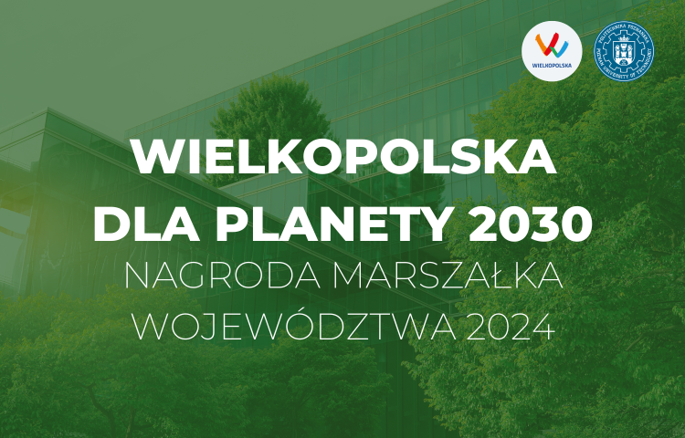 Zielona grafika z napisem - Wielkopolska dla planety 2030 - nagroda marszałka województwa 2024