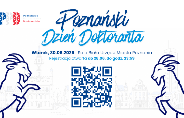 Plakat promujący wydarzenie „Poznański Dzień Doktoranta”, grafika zawiera uproszczone rysunki poznańskich koziołków oraz zarys architektury miasta w tle.