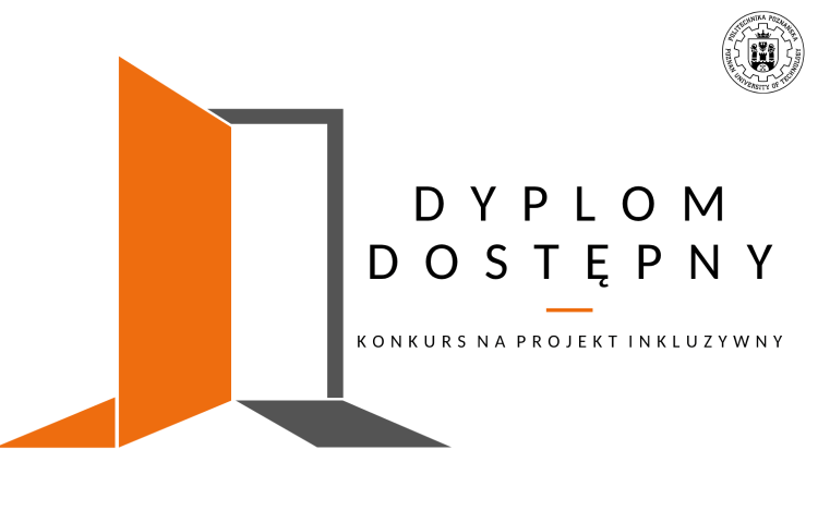 Grafika zapowiadająca konkurs "DYPLOM DOSTĘPNY" z symbolem otwartych pomarańczowo-szarych drzwi i podkreślonym hasłem "DOSTĘPNY".