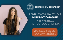 Grafika przedstawiająca dziewczynę wskazującą na napis "rekruacja na studia niestacjonarne pierwszego i drugiego stopnia" poniżej napis "zarejestruj się do 13 września"