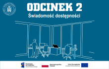 Czarny kot siedzi w pomieszczeniu biurowym, w którym znajduje się osoba z niepełnosprawnością wzroku. W górnej części jest tytuł drugiego odcinka: "Świadomość dostępności"