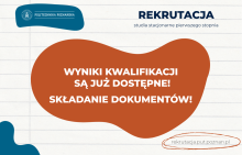 Grafika rekrutacyjna Politechniki Poznańskiej: „Wyniki kwalifikacji są już dostępne! Składanie dokumentów!”, adres rekrutacja.put.poznan.pl.