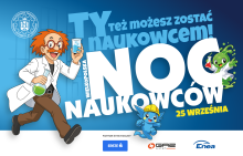 Plakat Wielkopolskiej Nocy Naukowców 2026 z hasłem "TY też możesz zostać naukowcem!", datą "25 WRZEŚNIA" oraz rysunkiem naukowca w fartuchu trzymającego fiolki z zielonym i niebieskim płynem, obok animowanych postaci - jedna w fartuch, druga w kasku. Na dole logo partnerów: ERSTE, GAZ-SYSTEM i Enea.