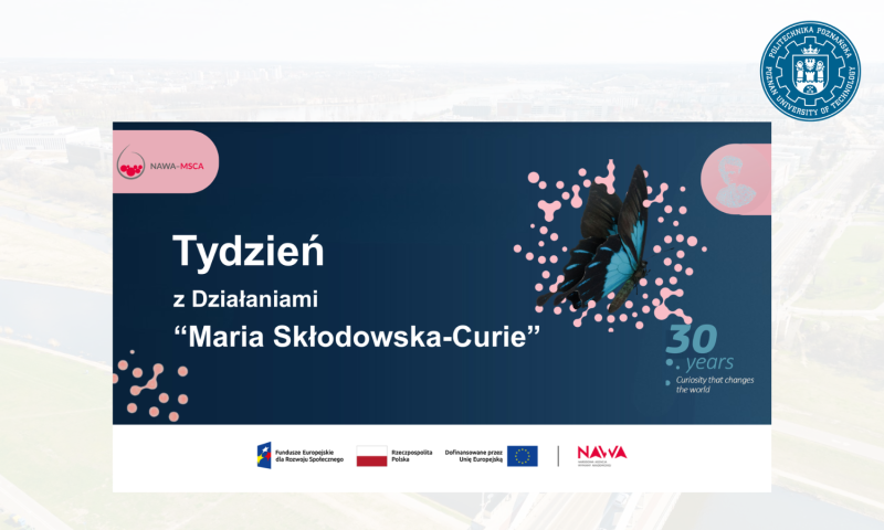 grafika informacyjna Tydzień MSCA, logo PP, w tle kampus PP