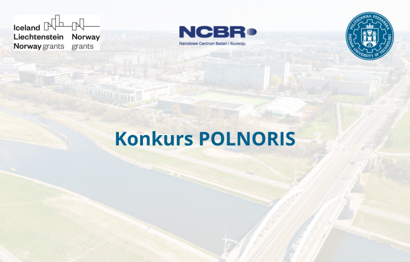 konkurs Polnoris, loga PP, NCBR i Funduszy Norweskich, w tle kampus PP
