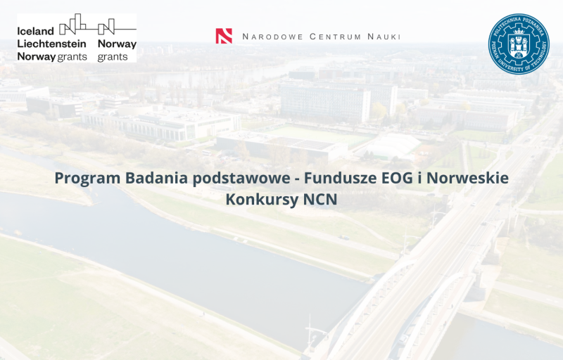 logo Funduszy Norweskich, NCN i PP. w tle kampus PP