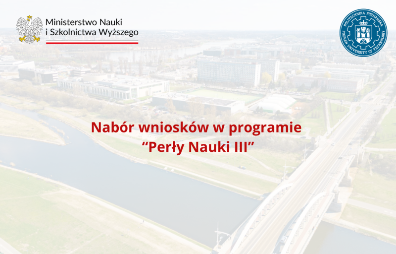 logo MNiSW, logo PP, informacja o naborze Perły Nauki, w tle kampus PP